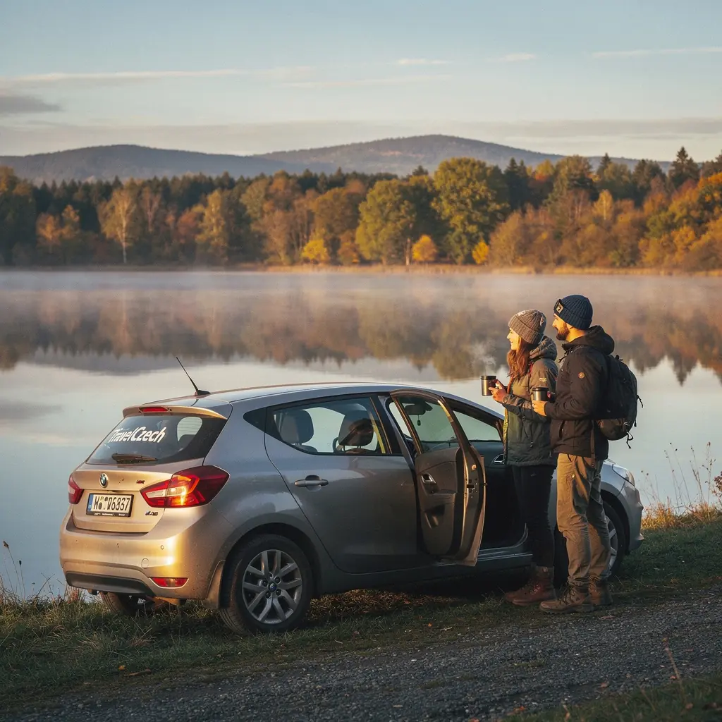 Západ slunce nad historickým městem s dominantou hradu na obzoru.